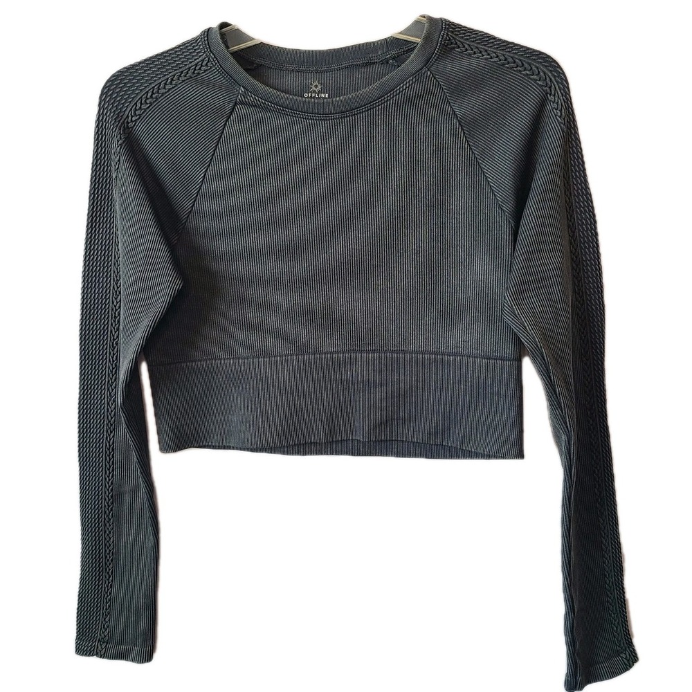 Aerie Offline Ribbed Long Sleeve Cropped Top Women's Black Gray Athletic Sz M‎